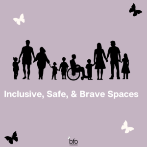 Title - Inclusive, Safe, & Brave Spaces Graphic of people from all walks of life.