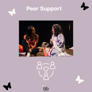 Title reads "Peer Support". Below is a photo of two people sharing with each other with emotion and an image outlined people within a circle.