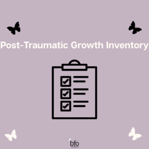 Title - Post traumatic Growth inventory. Image - Outline of a clipboard and three checked boxes and lines to indicate items being checked off.