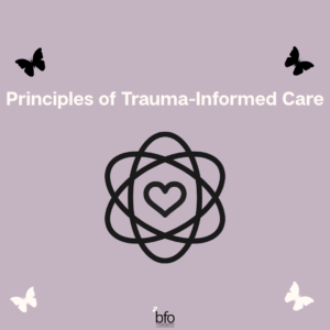 Title - Principles of Trauma informed care. Image - the outline of a heart in the centre of three oval shapes intertwined together.